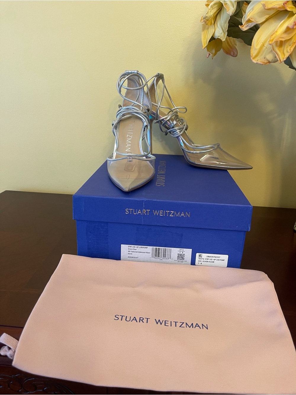 New, Stuart Weitzman Silver/Clear Iridescent Patent Pointed-Toe Lace-Up Heels